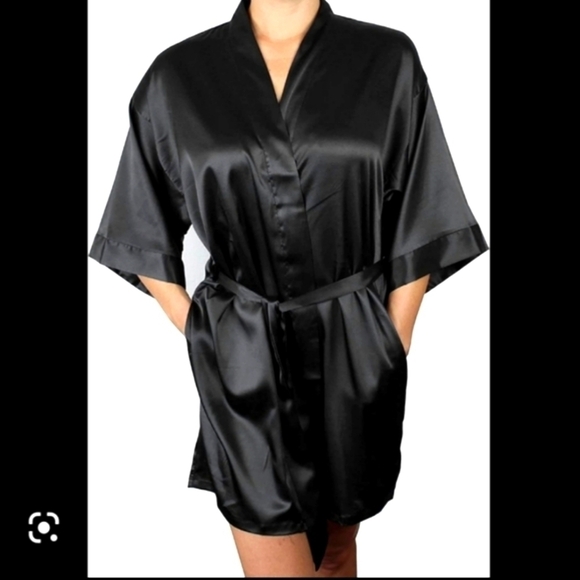 Baci Black Satin Mini Robe Valentine's Day Romantic Date Night Sash Waist Tie-Up - Picture 3 of 7